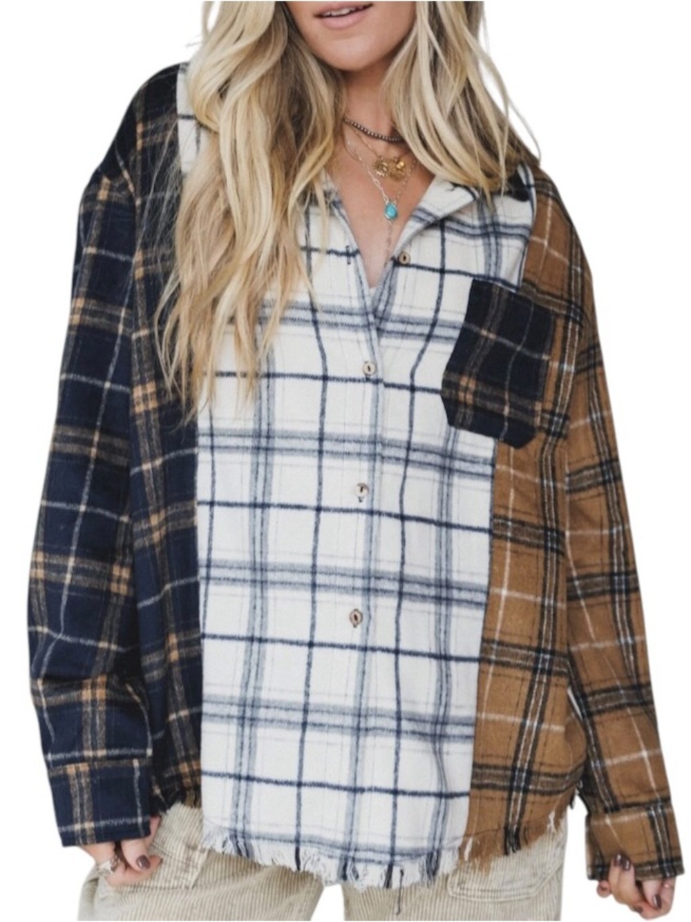 Mello Los Angeles Redwood Pass Patchwork Plaid Oversized Flannel Shirt L